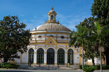 Old historical Andalusian town Seville, Spain. View on architectural details of buidings.