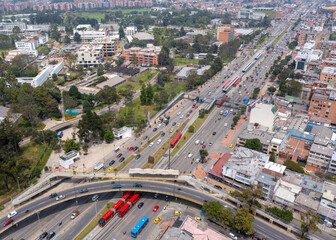 Highway with traffic and elevated bridges in one of the busiest areas of the Colombian capital....