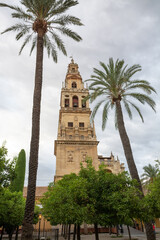 Medieval tower and garden in old mosque in Cordoba, Andalusia, Spain