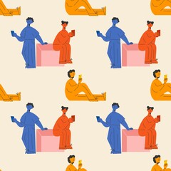 Seamless pattern with young happy people using gadgets. Repeating background with devices, laptops, mobile phones. Colored flat vector illustration for print.