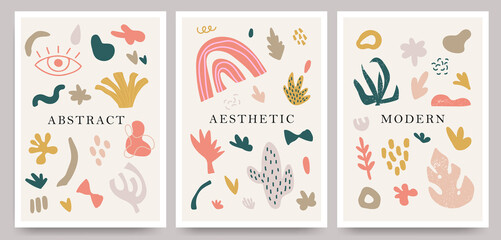 Big collection of trendy posters and abstract symbols of nature and plants on an isolated background. A large collection, unusual organic forms by hand.