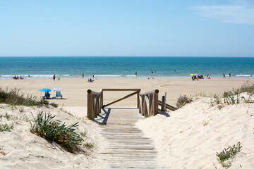 Golden sandy beaches near Sanlucar de Barrameda, small Andalusian town, Spain