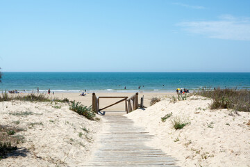 Golden sandy beaches near Sanlucar de Barrameda, small Andalusian town, Spain