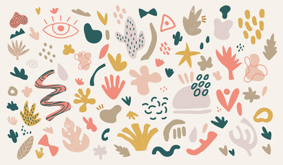 Collection of minimalistic aesthetic doodles and abstract bright elements on isolated background. Large collection of elements, unusual shapes in matisse art style hand-drawn