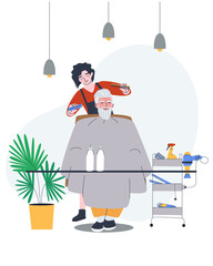 Girl hairdresser cuts an elderly male client. Working in a barbershop. Flat vector illustration. Eps10