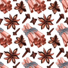 Seamless pattern spices watercolor. Cinnamon sticks, star anise, cloves. Hand drawn illustration. Spicy background. Design for textiles and packaging.