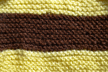 Handmade knitted fabric yellow and brown wool background texture