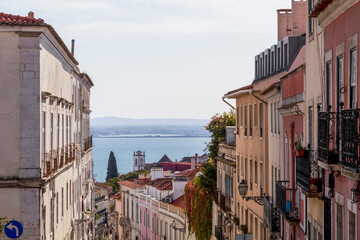Rooftops and houses of the Alfama district, the oldest neighborhood of Lisbon with traditional houses, Portugal, Europe