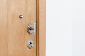 Closed modern wooden door with lock in flat