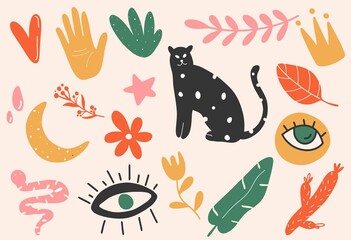 Set of trendy doodle and abstract nature symbols on isolated black background. Big summer collection, random organic shapes. Flat design, hand drawn cartoon, vector illustration.