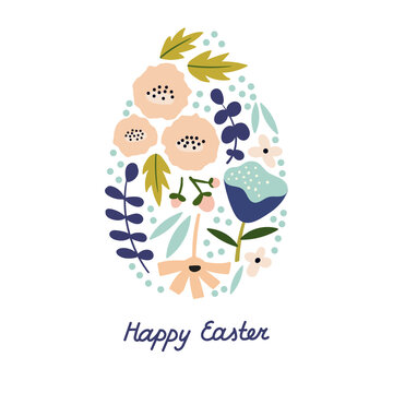 Happy Easter greeting card with silhouette of egg with spring motif. Painted in folk style pattern design with flowers. Square card flat vector illustration.