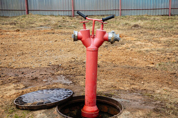 Fire hydrant column for fire extinguishing water supply. Connecting the hydrant.