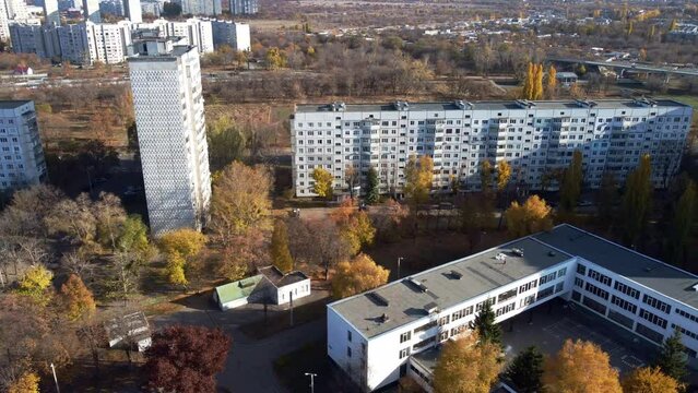 Panoramic view from a drone on the sleeping area of the city of Kharkiv.