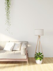 Fototapeta na wymiar Wall mockup in a living room, comfortable sofa and interior decoration with ornamental plants and lamp. 3d rendering, interior design, 3d illustration