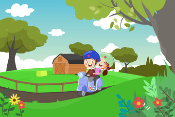 Fototapeta premium Cute Cartoon Kids Riding on Scooter Outdoor Flat Illustration