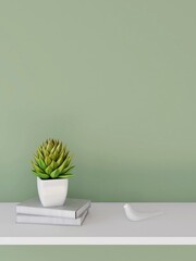 Green wall mockup with ornamental plant and books. 3d rendering, interior design, 3d illustration