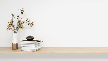 White wall mockup with ornamental plant and table decoration with books. 3d rendering, interior design, 3d illustration