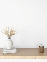 White wall mockup with ornamental plants in vase, books and glass bottle. 3d rendering, interior design, 3d illustration