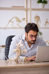 Young male paleontologist examining ancient animals at lab