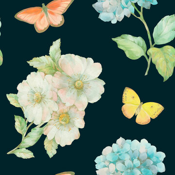 Delicate watercolor flowers and butterflies collected in a seamless pattern for design. Digitally processed seamless botanical pattern. © Sergei