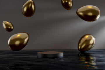 3D display podium dark stylish background, Easter golden shining eggs float in the air. Glamor template 3D rendering.