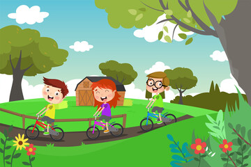 Cute Cartoon Kids Riding on Cycle. Cycling Outdoor Flat Illustration