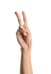 Young male hand showing victory gesture on white background