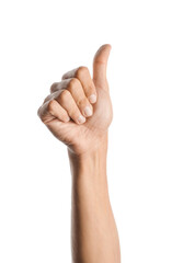 Young male hand showing thumb-up gesture on white background