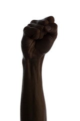 Silhouette of male hand with clenched fist on white background