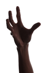 Silhouette of male hand holding something on white background