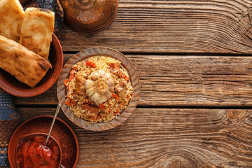 Plate of traditional pilaf with tomato sauce and flatbread on table