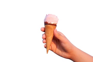 A soft cone of Ice cream on a male hand , white isolated background with copy space