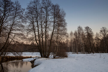 Evening spring landscape. Awakening of nature after winter. Charming evening landscape in early spring. Melting ice and snow.