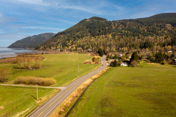 Aerial View of Chuckanut Drive. As you approach the base of the Chuckanut Mountains and just as the...