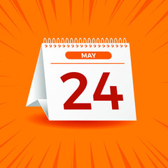 White calendar on orange background. May 24th. Vector. 3D illustration.
