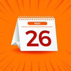 White calendar on orange background. May 26th. Vector. 3D illustration.