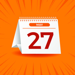 White calendar on orange background. May 27th. Vector. 3D illustration.