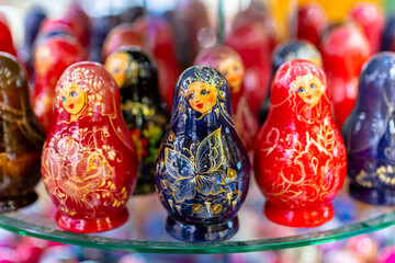 Russian folk souvenirs nesting dolls. Tourism in Russia.