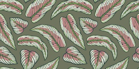 Tropical exotic green plants and leaves wallpaper. Seamless pattern with summer tropical foliage