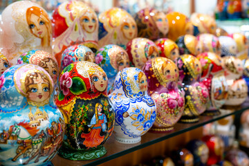 Russian folk souvenirs nesting dolls. Tourism in Russia.
