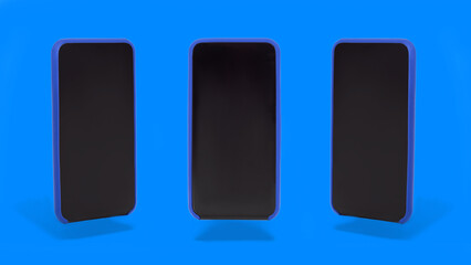 Mock-up of smartphones with an empty black screen front view on a blue background