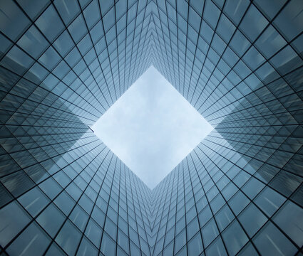 Business square skyscraper glass building seen from the central patio