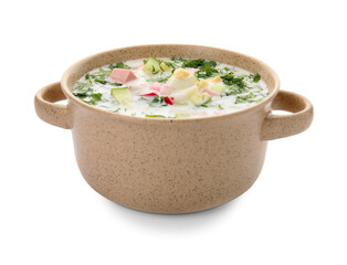 Cooking pot with tasty okroshka on white background