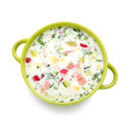 Cooking pot of tasty okroshka on white background