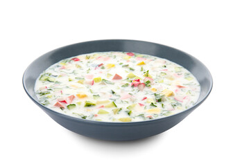 Plate of tasty okroshka on white background