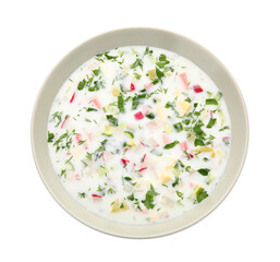 Plate of tasty okroshka isolated on white background