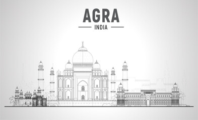Agra India skyline with panorama in white background. Vector Illustration. Business travel and tourism concept with modern buildings. Image for banner or website.