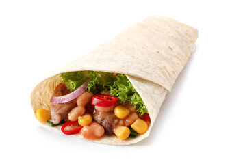 Tasty burrito with meat on white background
