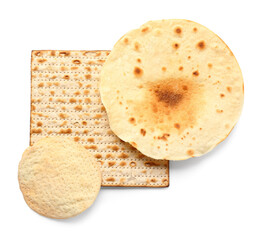 Different Jewish flatbread matza for Passover on white background