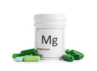 Bottle with magnesium pills on white background